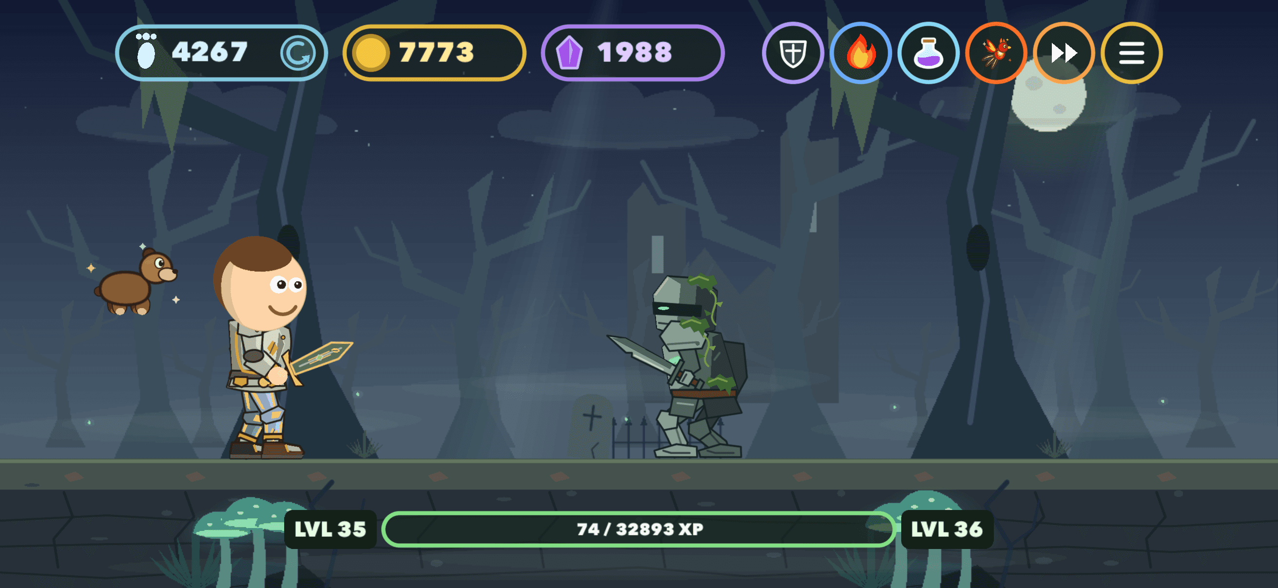 Step Warriors Haunted Woods encounter with the hero, bear companion, and Mossbound Knight