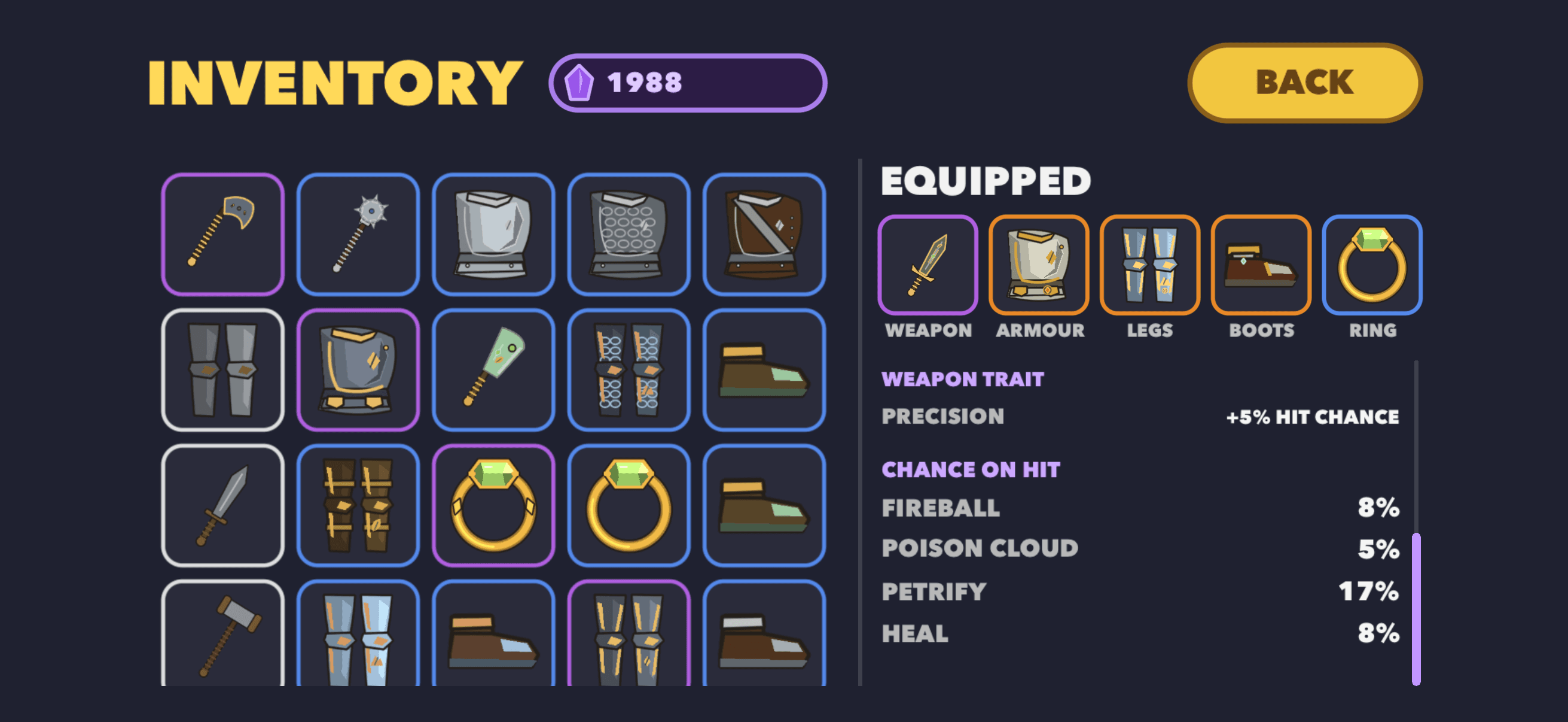 Step Warriors inventory with weapons, armour, boots, and rings