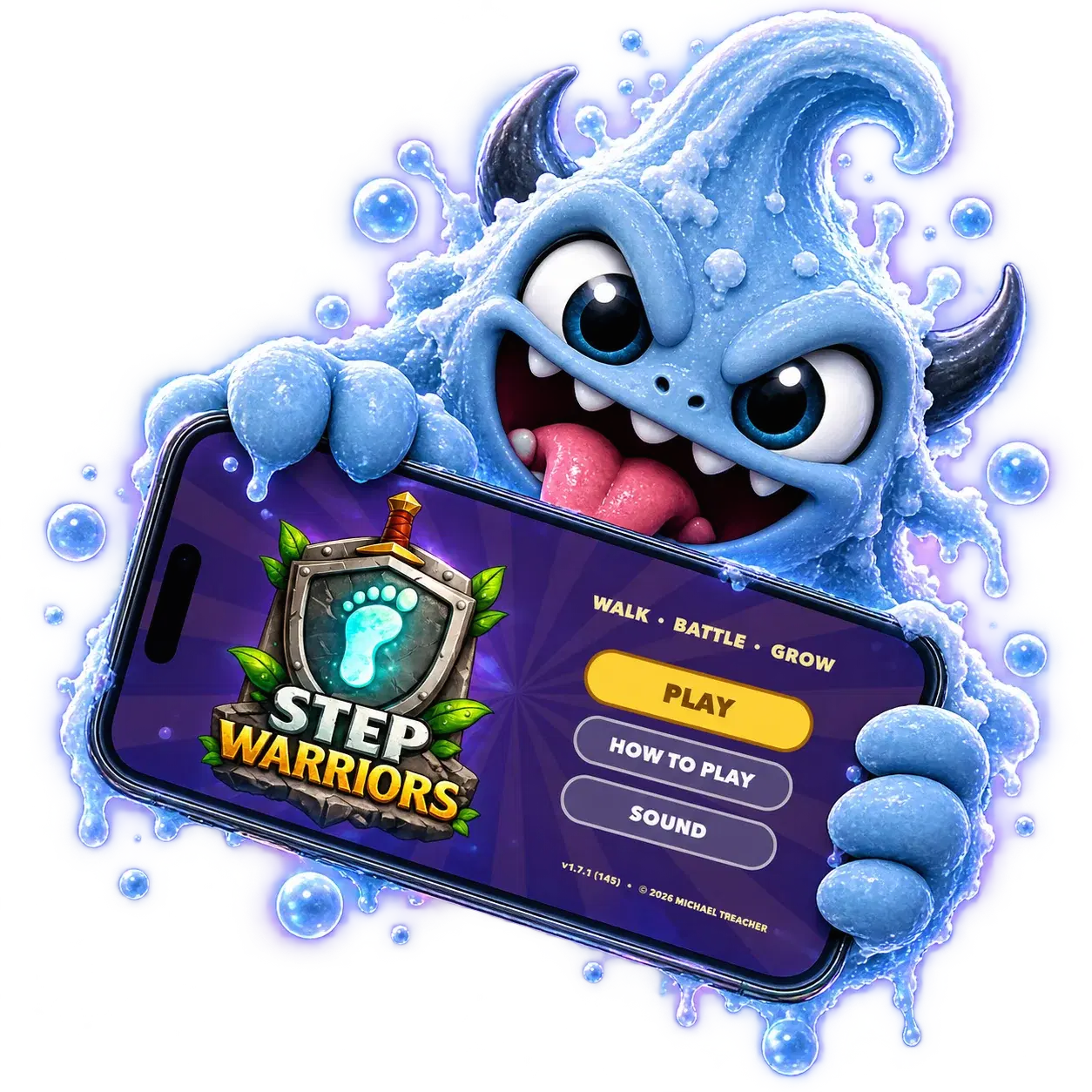 A blue Frothling mascot holding a phone showing Step Warriors